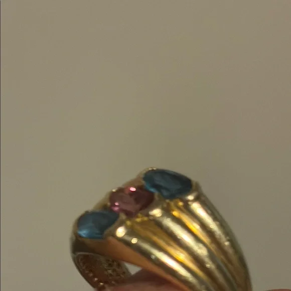 14k Solid Yellow Gold Blue & Pink Topaz Asymmetrical Stacked Ring